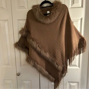 Double Layer Faux Fur Poncho By Pinklicous Taupe One Size Fits Most Finge Edge